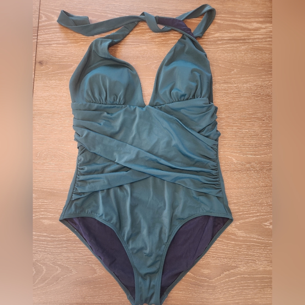 Boden Green One-Piece Swimsuit with V-Neckline